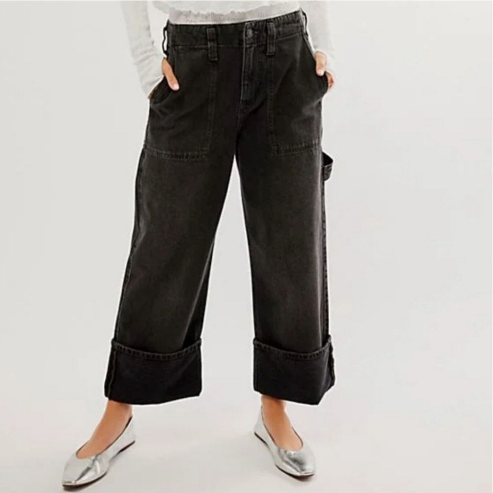 Free People Major Leagues Black Wide Leg Cuff Jeans Size 26 - Picture 2 of 15